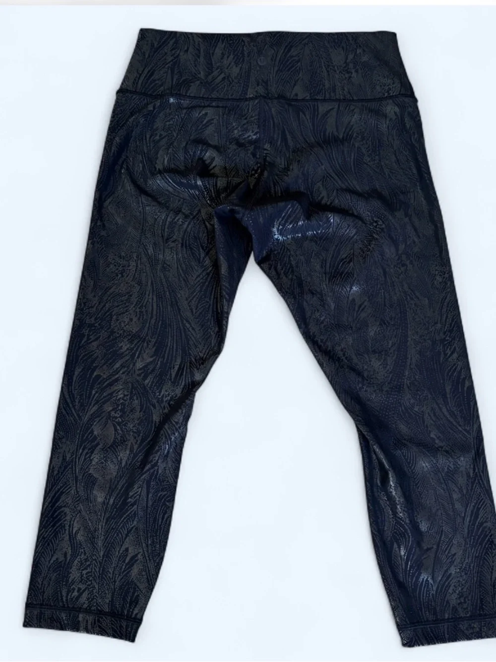 Lululemon Wunder Under Crop Leggings 12 Black Gray Metallic Foil Print Yoga Gym